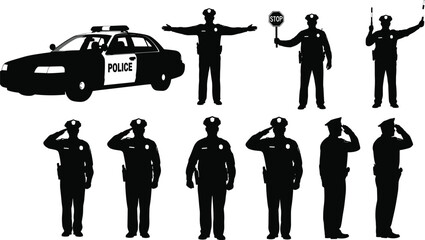 Police officer silhouettes, law enforcement vector, patrol car illustration, stop sign gesture, baton pose, salute stance, flat black drawing, security design © Jui Creatives