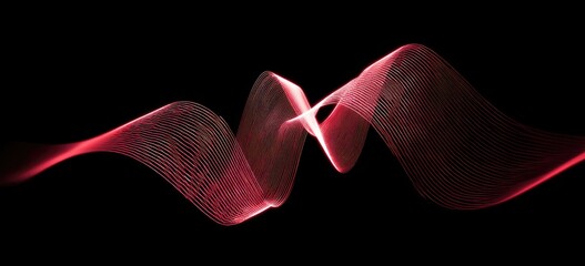 A flowing, abstract form of intertwined red lines against a stark, black backdrop