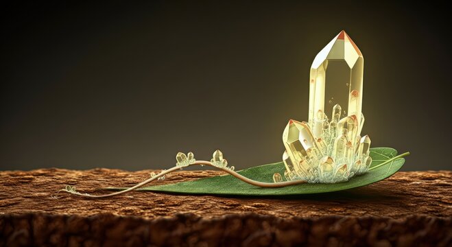 Glowing crystal formation on a green leaf