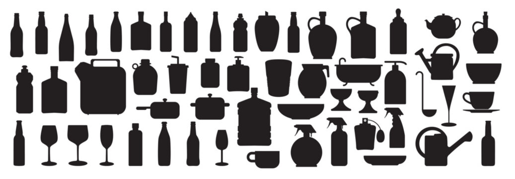 Set of silhouettes of liquid containers. Icons of bottles, glasses...