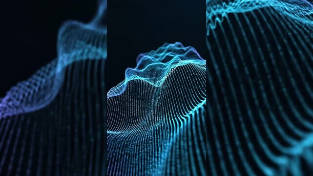 Data stream visualization featuring blue glowing wave particles flowing in a continuous digital rhythm for technology backgrounds.