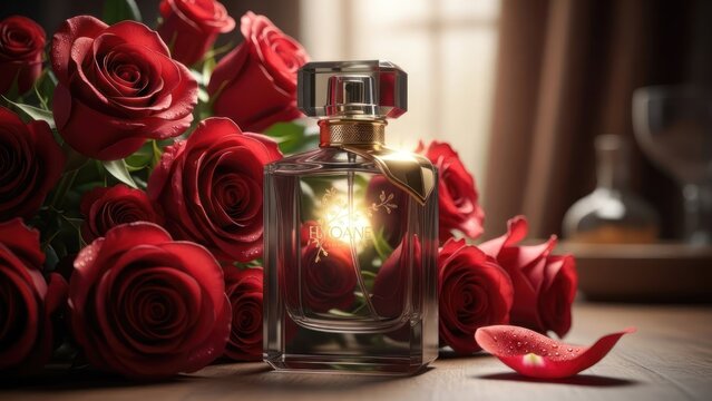 A perfume bottle with a glowing candle inside, surrounded by red roses and a pink flower, set on a wooden surface with a blurred background featuring a wine glass and a window.