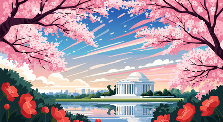 Naklejka premium Beautiful Cherry Blossom Vector Illustration of the Lincoln Memorial during a Spring Day with Poppies