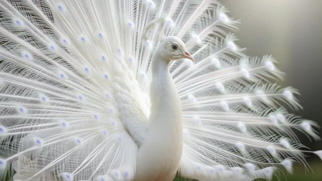 A white peacock spreads its majestic feathers outdoors
