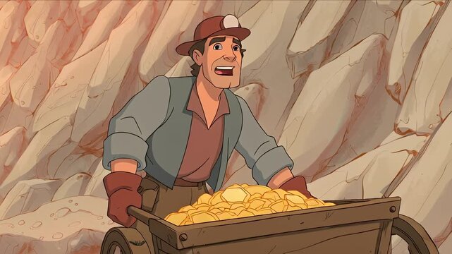 Happy Gold Miner Pushing Full Cart Cartoon Illustration