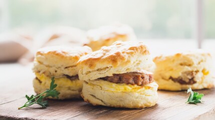 Buttery Flaky Biscuit Sandwich with Egg and Sausage. Generative AI