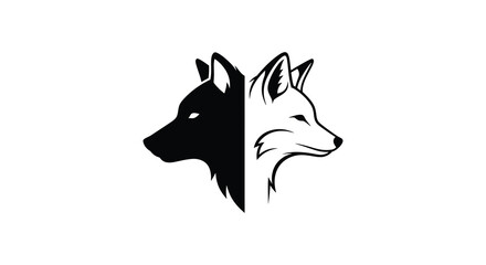 Dual wolf heads black and white facing right with a striking silhouette © Rina