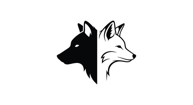 Dual wolf heads black and white facing right with a striking silhouette