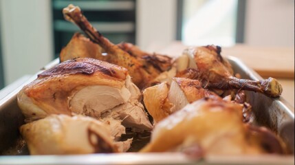 Roasted turkey pieces in saffron butter with crisp edges and juicy core modern kitchen soft natural lighting. Generative AI