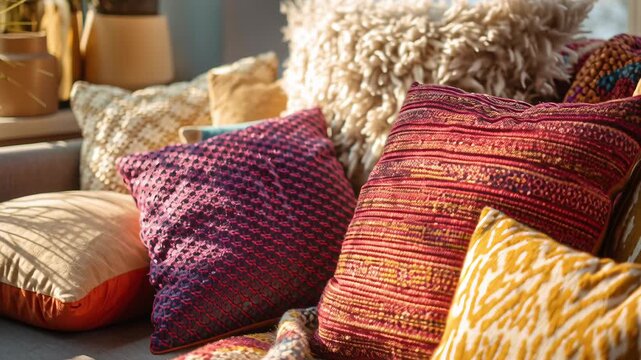 Colorful winter home lifestyle, warm sunlight filling the room, vibrant cushions and layered blankets, cozy leisure time, modern interior, commercial editorial photography
