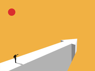 businesswoman uses binoculars to peer through a cliff shaped like an arrow