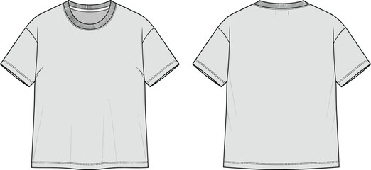 Technical fashion flat sketch of classic crew neck t shirt with short sleeves and relaxed fit front and back views