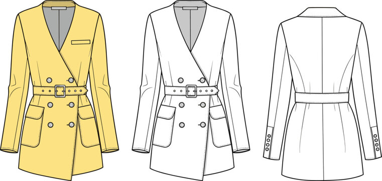 Women double breasted belted blazer dress technical fashion illustration, front and back views, tailored coat with pockets and buttons