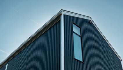 黒の金属サイディング住宅に足場の格子影が走るモダン改修