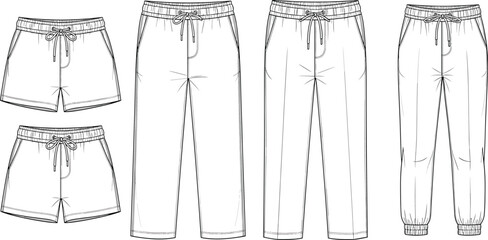 Women loungewear bottom set technical fashion sketch with shorts, wide leg pants and joggers, apparel design template © Nur