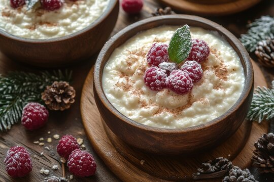 Bowl of maso pudding with rass and a spoon of ras.