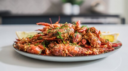 Crayfish marinated in lemon spice blend and sauteed with vibrant aroma. Generative AI