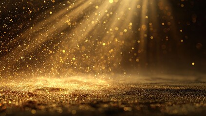 Illuminated scene featuring golden particles, with light rays and a textured, sparkling foreground