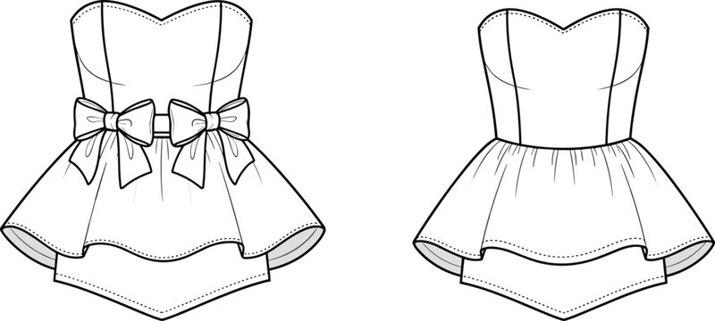 Women strapless peplum corset top technical fashion illustration showing front and back views with bow detail, sweetheart neckline flat vector