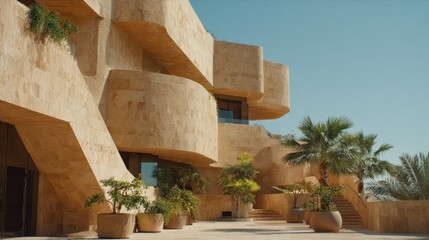 Modern architecture shows curved walls and plants in a sunny outdoor space at a building in a warm location during daytime