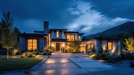 Naklejka premium Evening view of a modern house with outdoor lighting and mountains in the background