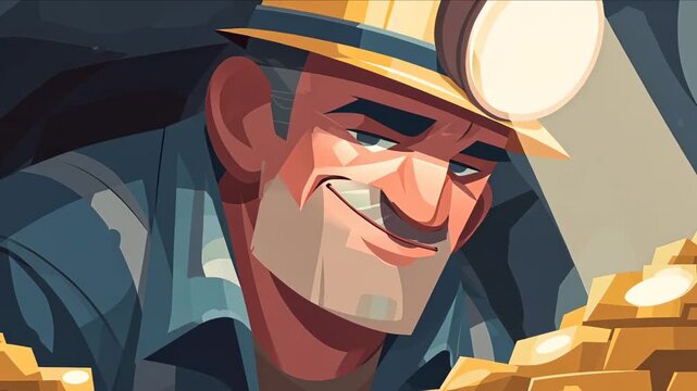 Happy Miner Finding Treasure Gold Bars Cartoon Illustration