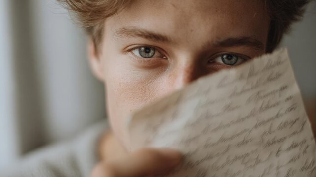 Close-up portrait of a young man's face. he is holding a piece of paper in front of his face, covering his mouth with his hand. the paper appears to be a handwritten note or a letter.