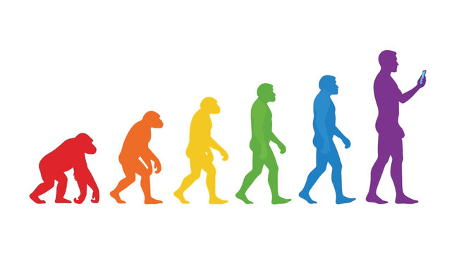 Evolution of man depicted with rainbow colors and smartphone use