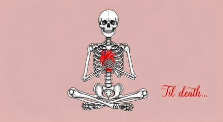 Whimsical illustration of a skeleton sitting cross-legged holding a realistic red heart with Til Death text
