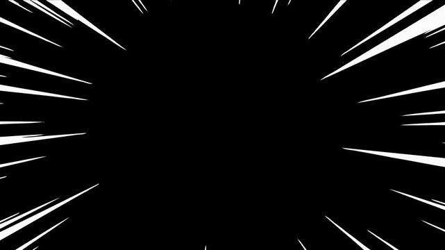 Seamless loop of radial white anime speed lines for focus or action effects. Isolated on black background, ideal for compositing