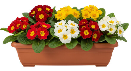 Obraz premium Colorful primula flowers in terracotta pot isolated on transparent background transparent background