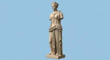Fototapeta premium Stone classical Greek goddess statue on plinth against clear sky, copy space for poster or website banner