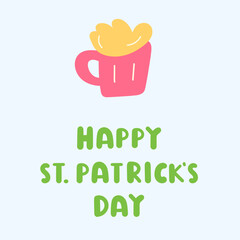 Happy St. Patrick's Day with Pink Beer Mug Flat Vector, Minimalist Colorful Festive Drink