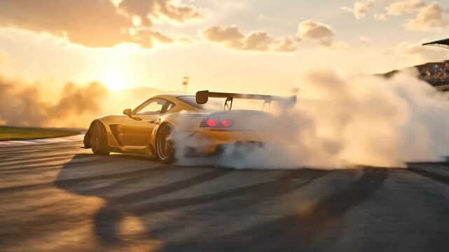 A gold-colored sports car drifts on a racetrack as the sun sets in a dramatic, action-filled image