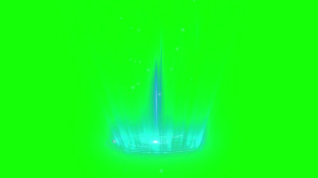 Glowing blue magical energy portal effect rising vertically from a circular base against a vibrant green screen background perfect for special effects integration into fantasy scenes or sci-fi visual 