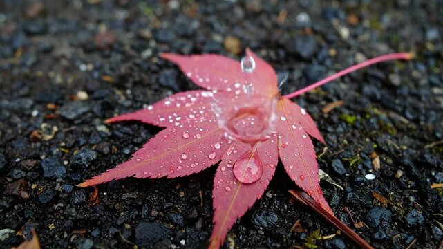 Close-up of a vibrant red leaf covered in water droplets resting on dark, wet ground