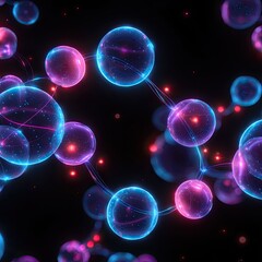 Glowing spheres connected by lines float against a black background. Futuristic, abstract, and vibrant