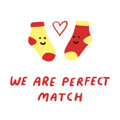 Mismatched Socks Perfect Match Vector, Cute Funny Pair with - We Are Perfect Match Quote, Minimalist Flat Valentine's Day