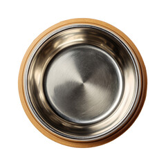 Metallic bowl nested within wood rim, top-down view, centered on a black backdrop