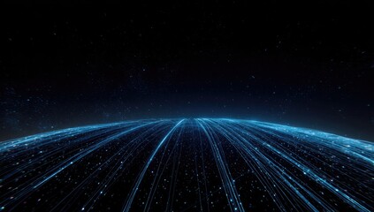 Glowing digital data streams converge over a curving surface, viewed against a starry expanse
