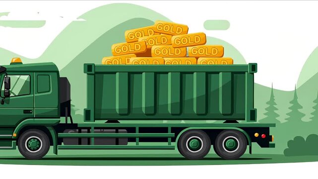 Green Truck Hauling Gold Bars Heavy Load Of Treasure Transport