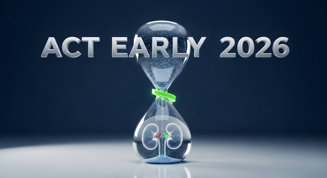 Modern hourglass with glowing green band and kidney model inside