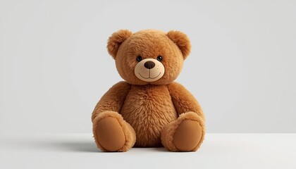 Obraz premium A cute brown teddy bear sitting on a white surface with a plain background