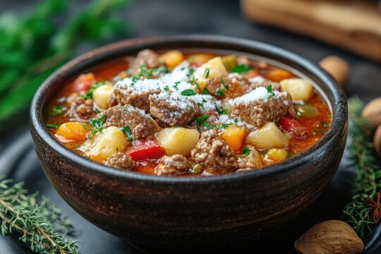 Bowl of beef stew with potatoes and par pars.
