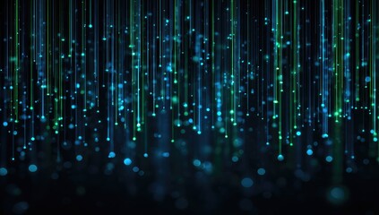 Digital art featuring falling lines of shimmering blue and green light with bokeh effects