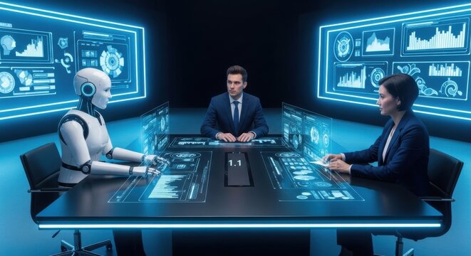 AI Robot and Business People in Futuristic Meeting Room with Holographic Displays