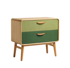 Stylish bedside table with green drawer fronts and light wood frame on legs