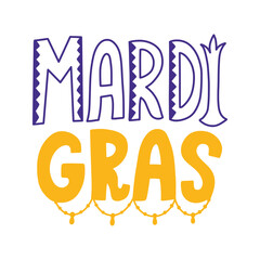 Fototapeta premium MARDI GRAS typography design. Purple patterned block letters for MARDI and golden bubbly letters with hanging beads for GRAS. Hand drawn festive carnival text for posters and invitations.