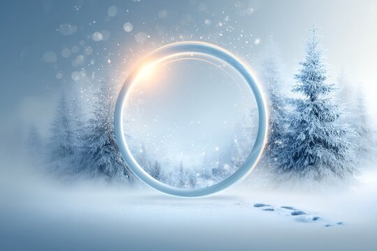 Magical winter wonderland with enchanted glowing ring in snowy forest