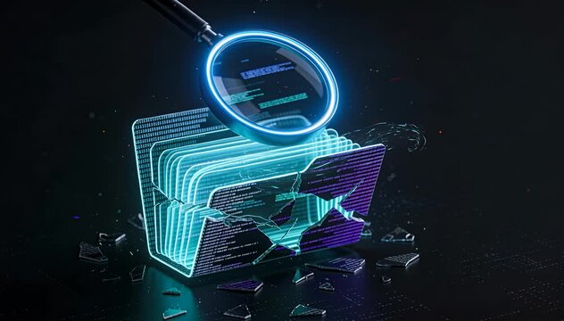 Digital file folder breach analysis data corruption search concept, cybersecurity investigation, data breach.